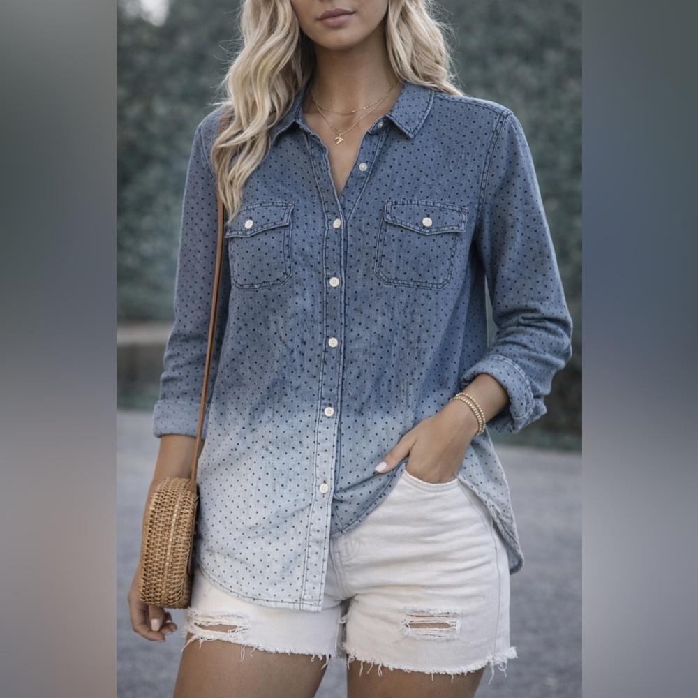 Custom Bleached Blue Denim Shirt Button Down Upcycled Jean Shirt Polka Dot